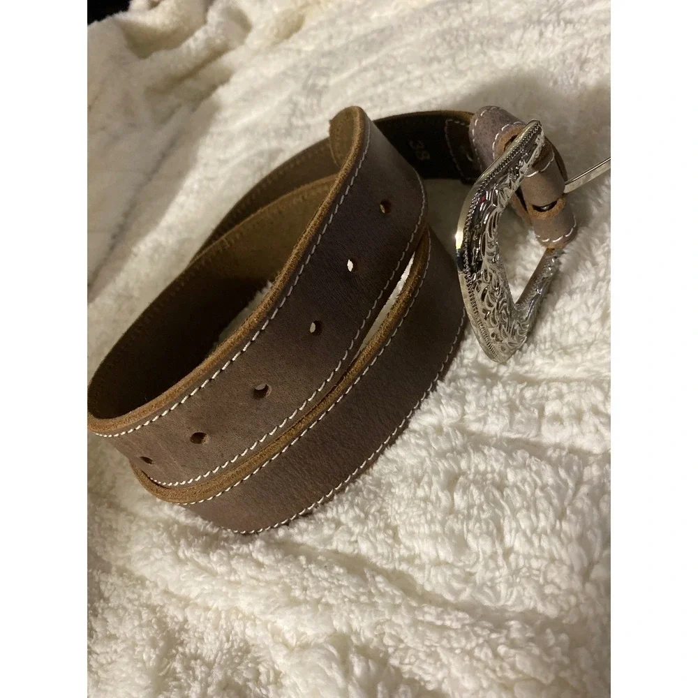 F&L Classic Brown Full Grain Leather Western Belt Silver Engraved Buckle Mens 38